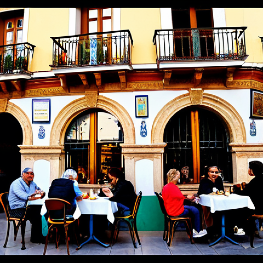 Cozy Spanish Cafe Scene**

"A bustling cafe scene in Seville, Spain, during the golden hour. Patrons sit at outdoor tables, enjoying "café con leche" and "churros." The architecture is classic Andalusian style, with colorful tiles and wrought-iron balconies. The atmosphere is warm and inviting. Capture the vibrant energy of Spanish culture, fully clothed people, appropriate attire, safe for work, professional, natural proportions, high quality."

**