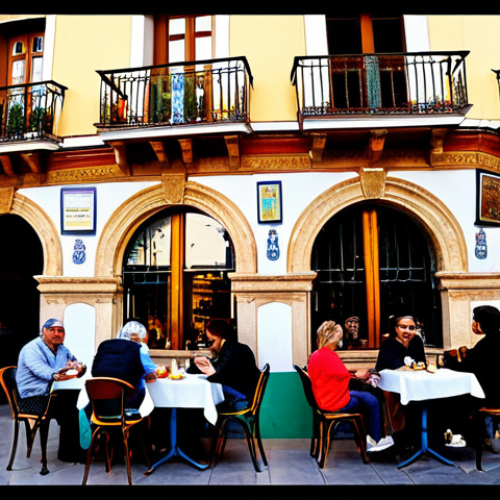Home 14 Cozy Spanish Cafe Scene**
"A bustling cafe scene in Seville, Spain, during the golden hour. Patrons sit at outdoor tables, enjoying "café con leche" and "churros." The architecture is classic Andalusian style, with colorful tiles and wrought-iron balconies. The atmosphere is warm and inviting. Capture the vibrant energy of Spanish culture, fully clothed people, appropriate attire, safe for work, professional, natural proportions, high quality."
**