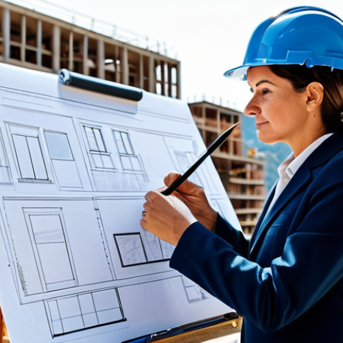 Home 7 **
"A professional female architect, fully clothed in a modest pantsuit and sensible shoes, reviewing blueprints on a sunny construction site in Barcelona, Spain. Hard hat on, holding a pen. Safe for work, appropriate content, family-friendly, professional, perfect anatomy, natural proportions, high-resolution photograph, realistic."
**