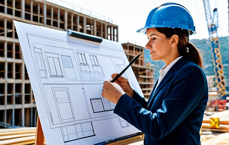 **
"A professional female architect, fully clothed in a modest pantsuit and sensible shoes, reviewing blueprints on a sunny construction site in Barcelona, Spain. Hard hat on, holding a pen. Safe for work, appropriate content, family-friendly, professional, perfect anatomy, natural proportions, high-resolution photograph, realistic."
**